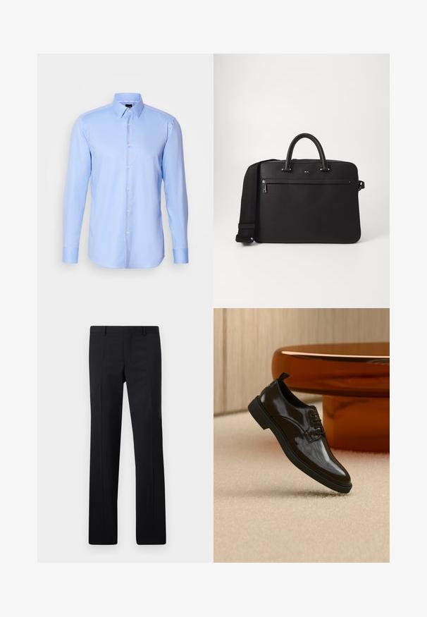 Chemise à manches longues bleu clair, boutonnée, en tissu texturé avec un col pointu et une fermeture classique à boutons à l'avant.; Pantalons noirs ajustés avec une coupe droite, des plis marqués et une finition lisse. Fabriqués en tissu léger avec une taille nette.; Chaussure habillée noire brillante en cuir à lacets flottant au-dessus d'un tapis beige avec une table ronde marron brillante en arrière-plan.; Sac en cuir noir avec une texture lisse, deux poignées supérieures et une bandoulière amovible. Il dispose d'une poche avant zippée et de détails de logo.
