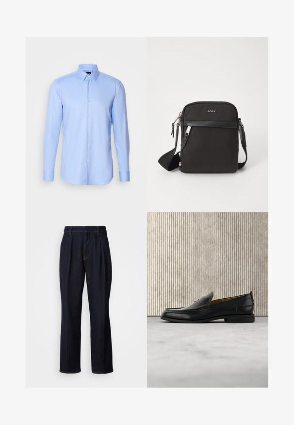 Lichtblauwe langemouwen overhemden van gestructureerde stof met een puntkraag en klassieke knoopsluiting aan de voorkant.; Donkerblauwe denim jeans met wijde pijpen, inclusief voorplooien en oranje stiksels, weergegeven op een witte achtergrond.; Zwarte leren herenslipper met een krokodillen-embossed voorblad en een lage hak, zij-aanzicht op een neutrale achtergrond.; Zwarte schoudertas van textuurstof, met logo aan de voorkant, ritssluiting en verstelbare schouderband. Voorzien van een gladde leren rand.