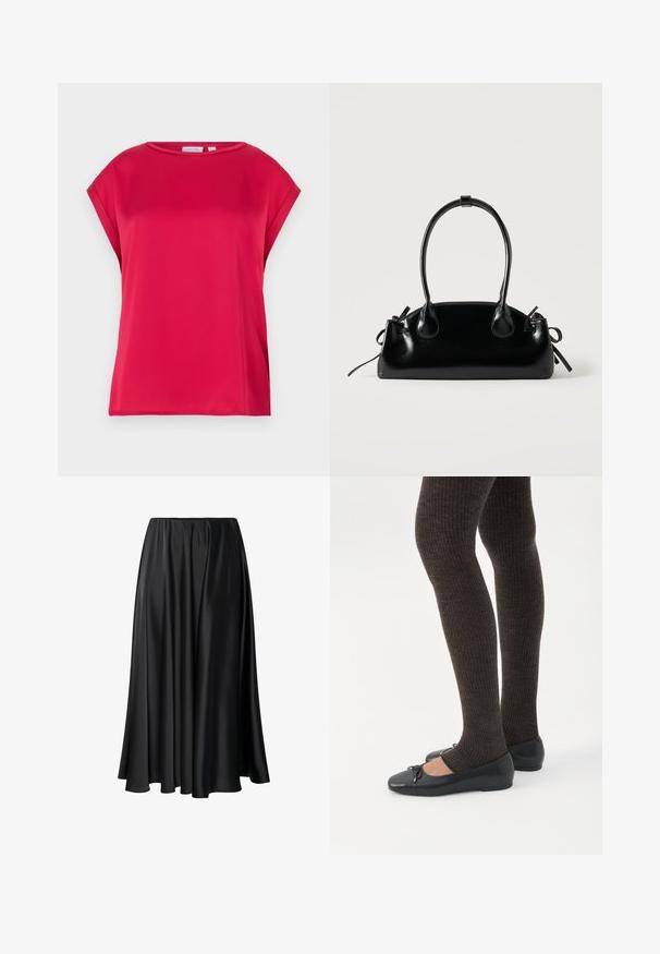 Haut rouge à manches courtes en tissu lisse avec un col rond et une coupe ample. Lignes épurées sans motifs ni accents visibles.; Jupe maxi noire en tissu lisse, dotée d'une taille élastique, d'une silhouette ample et d'un ourlet fluide sans motifs ni détails visibles.; Jambes portant des leggings côtelés foncés associés à des ballerines noires avec de petits détails en nœud sur fond blanc.; Petit sac à main noir brillant avec deux longues anses et des détails à cordon sur les côtés sur un fond clair uni.