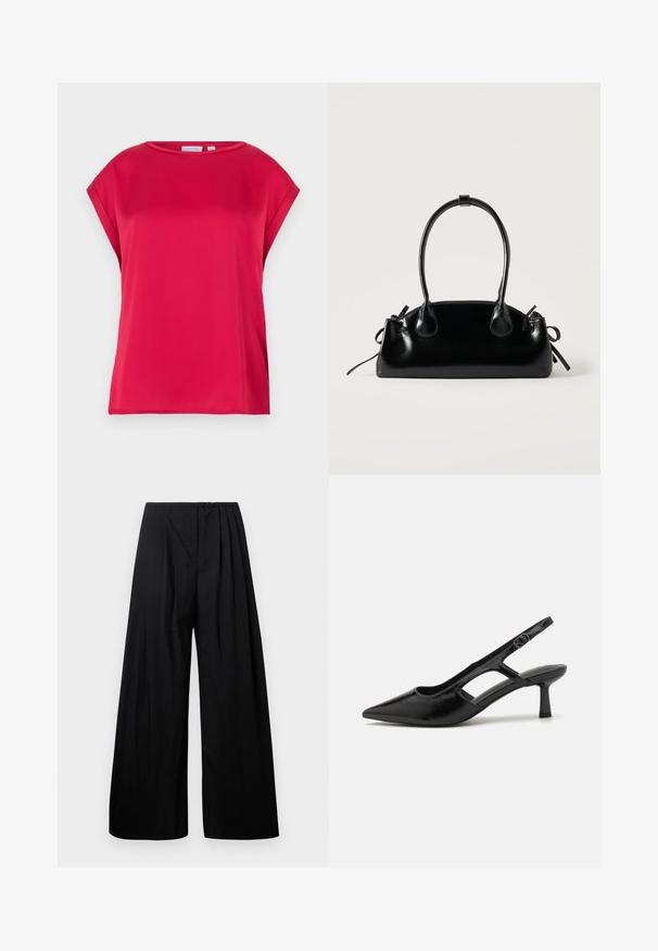 Haut rouge à manches courtes en tissu lisse avec un col rond et une coupe ample. Lignes épurées sans motifs ni accents visibles.; Pantalons larges noirs à taille haute, dotés de plis verticaux et d'une fermeture à bouton. Texture lisse, design minimaliste.; Escarpins noirs à talon ouvert avec un embout pointu, fabriqués en matériau brillant, présentant des accents découpés et un talon modéré pour un bon soutien.; Petit sac à main noir brillant avec deux longues anses et des détails à cordon sur les côtés sur un fond clair uni.