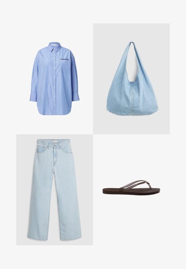 Stribet blå skjorte med knapper og lomme, hvor der står "STUDIO UNTOLD", klassisk krave og lange ærmer.; Lyseblå, vide jeans med høj talje, der har knap- og lynlås lukning, dobbelte forlommer foran og diskrete syningsdetaljer.; Brun gummiflips med tekstureret sål og tynde remme med lille dekorativt metal-detalje på siden.; Lyseblå denim skuldertaske med bred rem og synlig central søm, vist mod en ensartet lys grå baggrund.