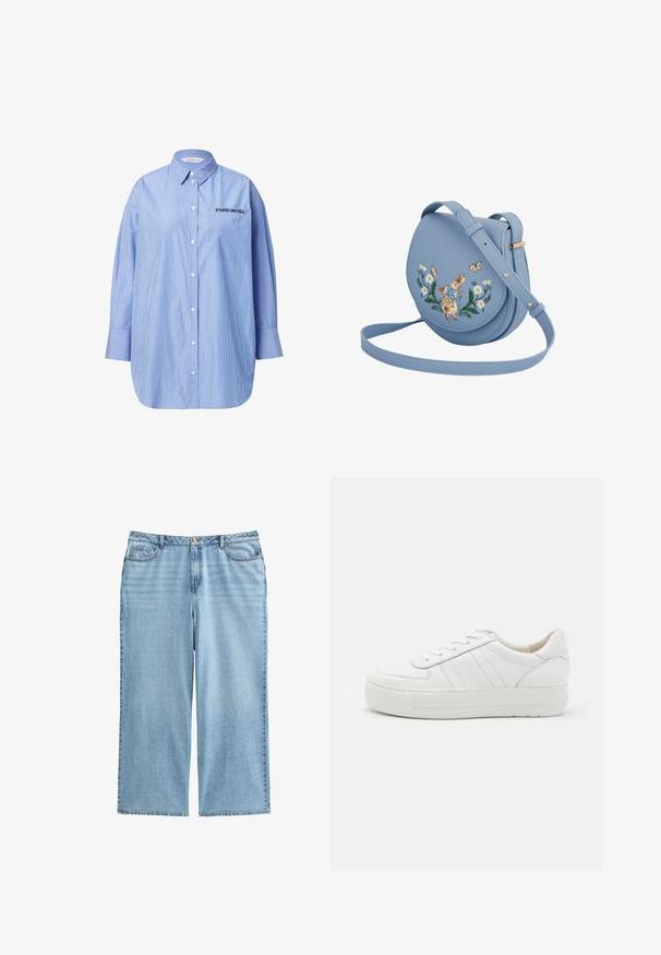 Stribet blå skjorte med knapper og lomme, hvor der står "STUDIO UNTOLD", klassisk krave og lange ærmer.; Lyseblå denimculottes med høj talje, vide ben og fem lomme-design med kontrasterende syninger og knaplukning.; Hvide lædersneakers med tekstureret overdel, polstret krave og flad gummisål. Har diskret syninger og klassisk snørebåndsdesign.; Lyseblå skuldertaske med justerbar rem, broderede kaniner, sommerfugle og hvide margueritter på klappen.