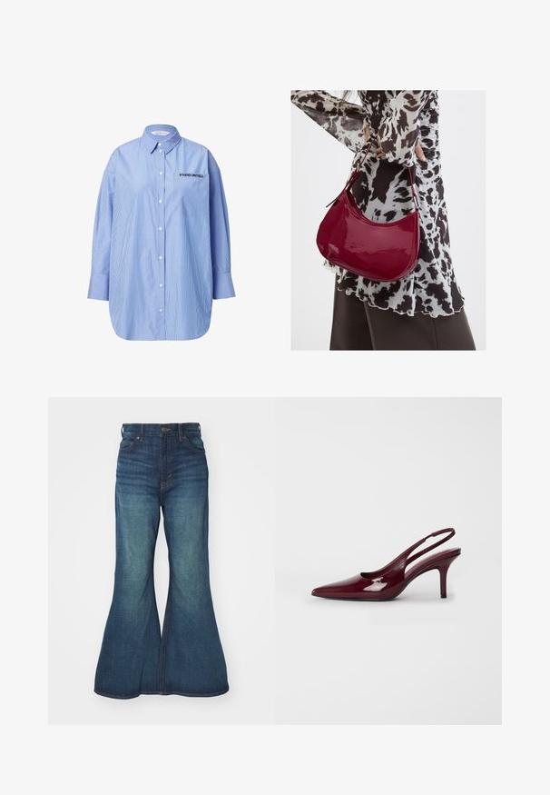 Gestreifte blaue Button-up-Bluse mit einer Tasche, die den Text "STUDIO UNTOLD" zeigt, klassischem Kragen und langen Ärmeln.; Ausgestellte Jeans aus Denim in Mittelblau, mit hoher Taille, fünf Taschen und kontrastierenden Nähten. Glatte Struktur mit leichtem Verblassen.; Burgunderfarbene Lackleder Slingback-Absätze mit spitzem Zehenbereich und schlankem Absatz, ausgestattet mit Ausschnitten an den Seiten und einem geschwungenen Rückendesign.; Frau trägt eine schwarz-weiß gemusterte Bluse und hält eine glänzende rote Schultertasche vor einem einfarbigen Hintergrund.