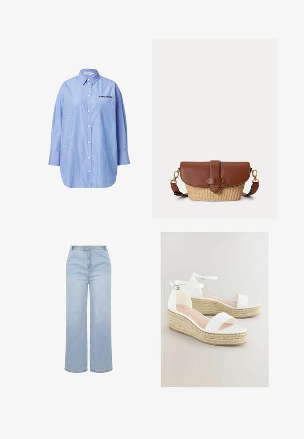 Stribet blå skjorte med knapper og lomme, hvor der står "STUDIO UNTOLD", klassisk krave og lange ærmer.; Lyseblå jeans med vide ben, elastisk talje, knap foran, lynlås foran og synlige sømme på hvid baggrund.; Hvide kile-sandaler med en vævet jute platform, der har en glat faux læder overdel, ankelrem og en åben tå-design.; Brun læder og flettet stråskuldertaske med klaplåg og justerbar rem med guldtonet spænde.