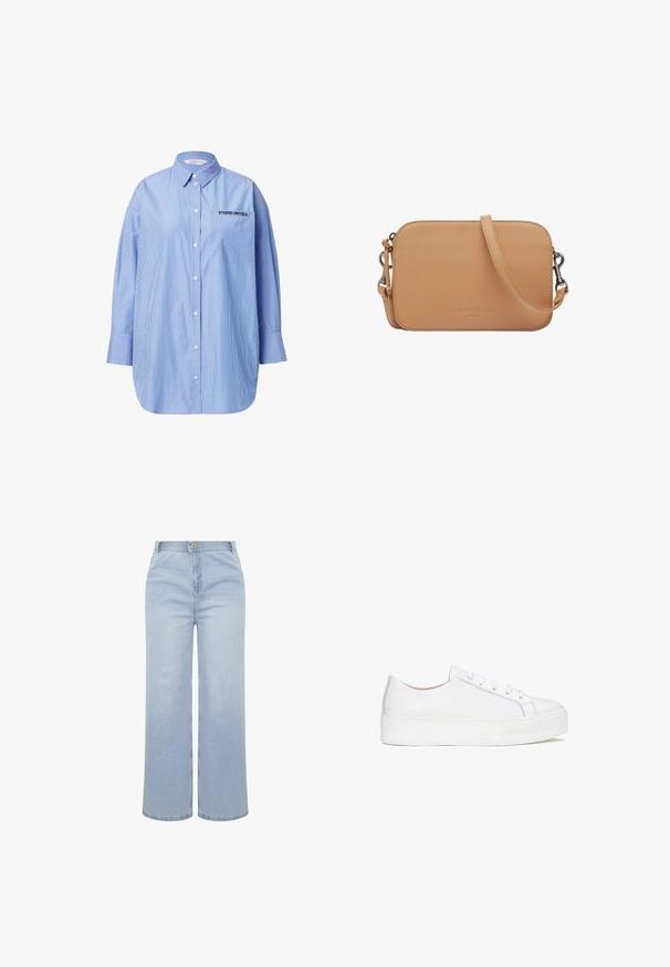 Gestreepte blauwe button-up shirt met een zak met de tekst "STUDIO UNTOLD", klassieke kraag en lange mouwen.; Lichtblauwe wijde jeans met elastische tailleband, knoop aan de voorkant, ritssluiting en zichtbare stiksels op een witte achtergrond.; Witte leren sneaker met een glad oppervlak, ronde neus en platte zool. Voorzien van vetersluiting en subtiele stiksels.; Tan rechthoekige leren crossbodytas met verstelbare riem en zilveren gespen, voorzien van een klein merknaam reliëf in het midden van de voorkant.