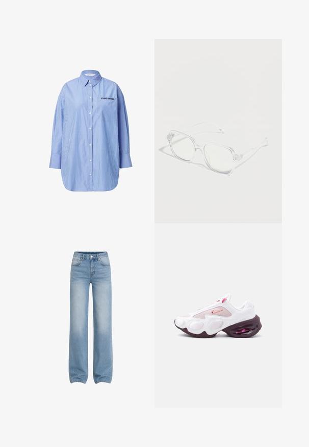 Stribet blå skjorte med knapper og lomme, hvor der står "STUDIO UNTOLD", klassisk krave og lange ærmer.; Lyseblå, højtaljede jeans med lige ben, forlommer, bæltestropper, knaplukning og falmede detaljer på lår og knæ.; Hvid og lyserød atletiksneaker med meshpaneler, en lyserød Nike-swoosh og en tyk, mørkelilla sål med synlig luftpolstring.; Gennemsigtige rektangulære briller med klare stel og sider, placeret på en hvid overflade med bløde skygger.