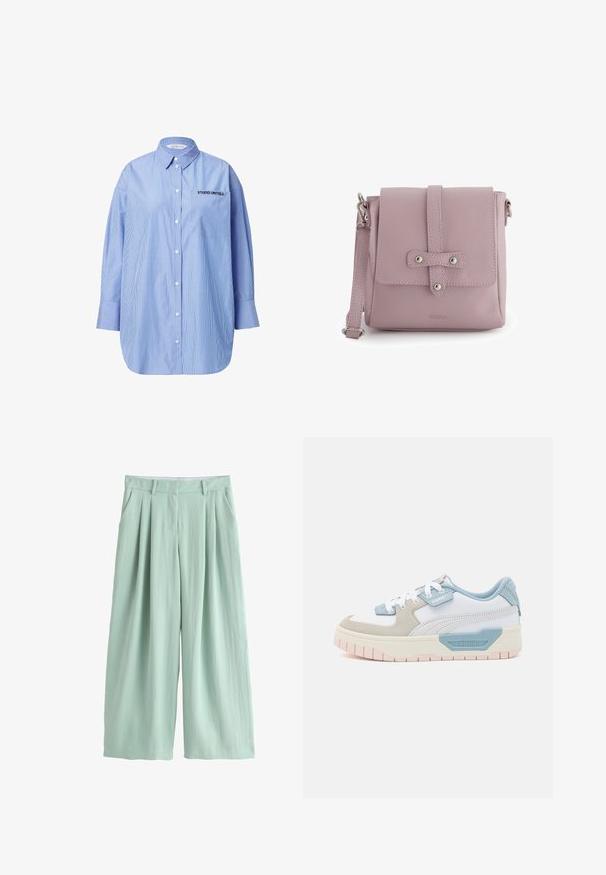Gestreifte blaue Button-up-Bluse mit einer Tasche, die den Text "STUDIO UNTOLD" zeigt, klassischem Kragen und langen Ärmeln.; Hellgrüne Hose mit weitem Bein, hohem Bund, Vorderfalten, Gürtelschlaufen und Seitentaschen, auf weißem Hintergrund dargestellt.; Sneaker mit einem Obermaterial aus weißem Leder, hellblauen Akzenten, beigen Wildlederpaneelen und einer strukturierten rosa Gummisohle; gesticktes Logo an der Seite.; Kleine mauvefarbene Leder-Umhängetasche mit Frontklappe, silbernen Knopfdetails und verstellbarem Riemen.