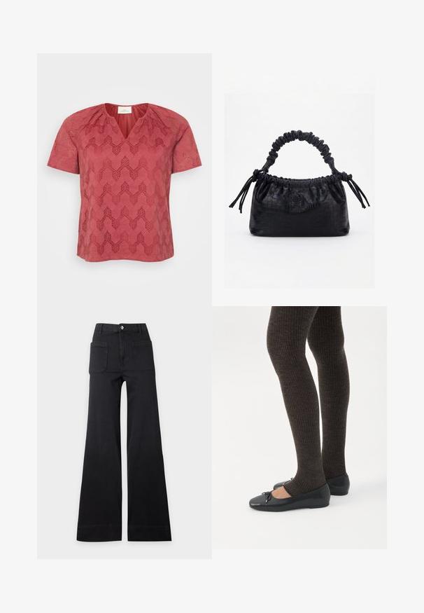 Haut rouge à manches courtes avec un col en V, doté d'un motif en dentelle géométrique texturée sur l'ensemble et de détails froncés sur les épaules.; Pantalon noir taille haute à jambes larges avec poches plaquées avant et fermeture par boutons, posé à plat sur un fond clair uni.; Jambes portant des leggings côtelés foncés associés à des ballerines noires avec de petits détails en nœud sur fond blanc.; Sac à main noir avec texture crocodile, bord supérieur froncé, poignée plissée et pompons à cordon de chaque côté sur fond blanc.