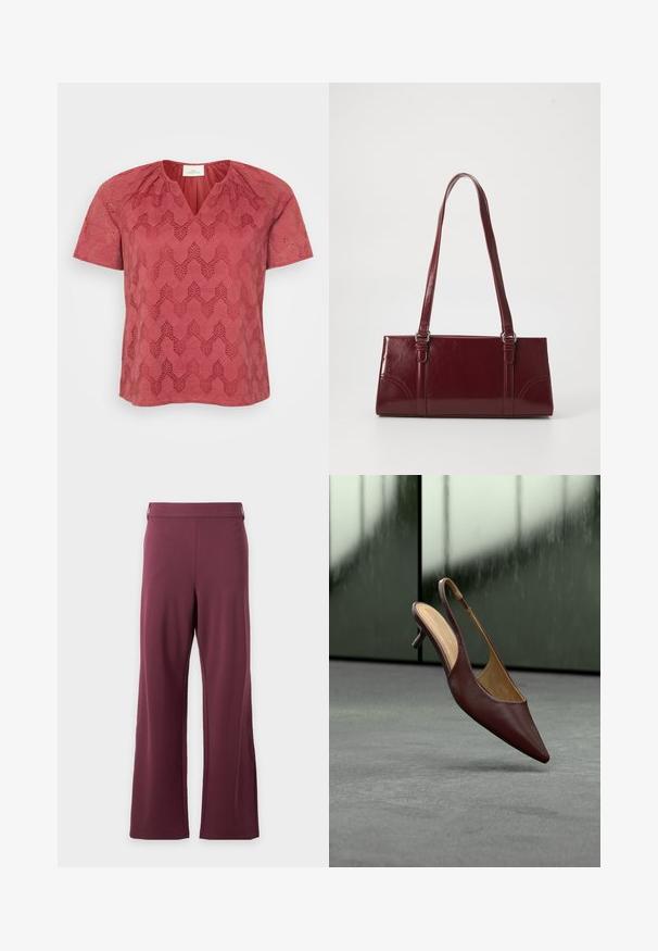 Rotes kurzärmliges Oberteil mit V-Ausschnitt, das ein strukturiertes geometrisches Spitzenmuster aufweist und Raffungen an den Schultern hat.; Hoch taillierte Hose mit weitem Bein in einfarbigem Dunkellila mit einem glatten Bund und ohne sichtbare Taschen oder Muster.; Dunkelbrauner Lederslingback-Absatz mit spitz zulaufender Zehe, schwebend über einem grauen Boden vor einem verschwommenen Glasfenster-Hintergrund.; Burgunderfarbene Handtasche aus glänzendem Material, rechteckige Form, mit zwei Schulterriemen und subtilen, geschwungenen Akzenten an der Vorderseite.
