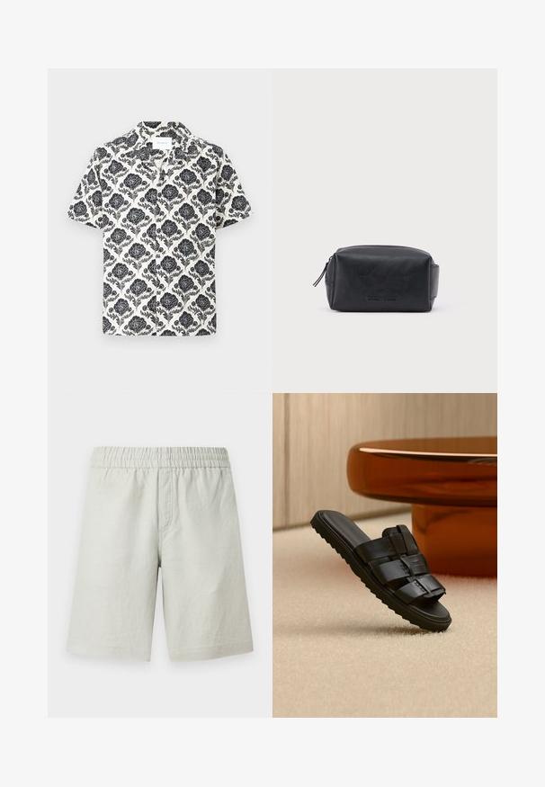 Camisa de manga corta con un patrón floral en negro sobre un fondo crema, con cuello con solapa y un corte holgado.; Pantalones cortos gris claro hechos de tela texturizada, con cintura elástica y bolsillos en las costuras laterales; diseño de corte recto.; Sandalia tipo slide de cuero negro con tiras anchas y suela estriada sobre alfombra beige cerca de mesa de café redonda marrón.; Bolsa de aseo rectangular de cuero negro con cremallera y nombre de marca en relieve en la parte frontal, sobre un fondo blanco liso.