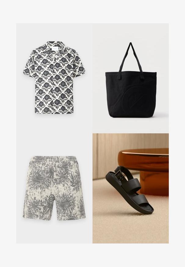 Kortærmet skjorte med blomstermønster i sort på cremefarvet baggrund, med krave og løs pasform.; Strikshorts i creme og sort med et struktureret, abstrakt mønster. Elastisk talje for komfort og nem påklædning.; Sort sandal med dobbelte stropper og spændelås på beige tæppe, ved siden af et rundt, ravfarvet bord i et neutralt rum.; Sort canvas-tote-taske med to skulderstropper og et diskret præget cirkeldesign på fronten.