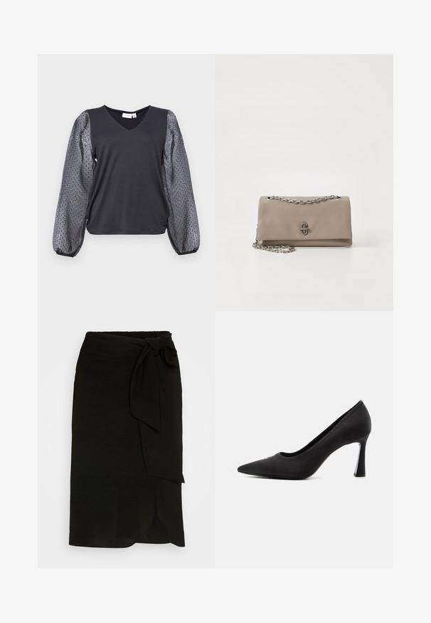 Haut noir avec un décolleté en V, présentant des manches bouffantes transparentes à pois gris et un corps ajusté. Le tissu est lisse avec une légère texture.; Jupe portefeuille noire en tissu texturé, dotée d'un lien sur le côté, d'un design droit et d'une fente à l'ourlet.; Escarpin à talon haut noir à bout pointu avec une finition lisse et un talon fin et courbé sur un fond clair uni.; Sac à épaule en cuir beige avec une bandoulière en chaîne argentée et un détail de fermoir à l'avant. Texture lisse avec une forme rectangulaire et un design minimal.