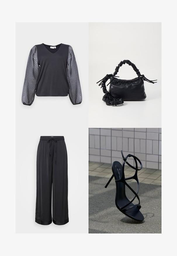 Haut noir avec un décolleté en V, présentant des manches bouffantes transparentes à pois gris et un corps ajusté. Le tissu est lisse avec une légère texture.; Pantalons noirs à jambe large en tissu lisse, dotés d'une taille élastique avec cordon de serrage et d'une texture légèrement brillante.; Sandale noire à talon haut avec fines lanières et boucle à la cheville, positionnée debout sur un trottoir gris près d'un mur carrelé en arrière-plan.; Sac à main en simili cuir noir avec une texture crocodile, un dessus resserré et une sangle froncée. A l'apparence douce et compacte.