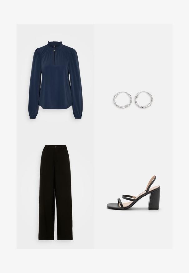 Blusa de manga larga azul marino con un cuello rizado, una pequeña abertura en forma de llave y mangas gatheradas con puños elásticos. Textura suave.; Pantalones de pierna ancha negros, hechos de una tela suave, con cierre de botón en la cintura y una silueta entallada sin patrones visibles.; RAID LIBRA - Botas - black; Pendientes de aro plateados con textura ondulada e irregular. Presentan una forma circular delgada y un acabado reflectante.