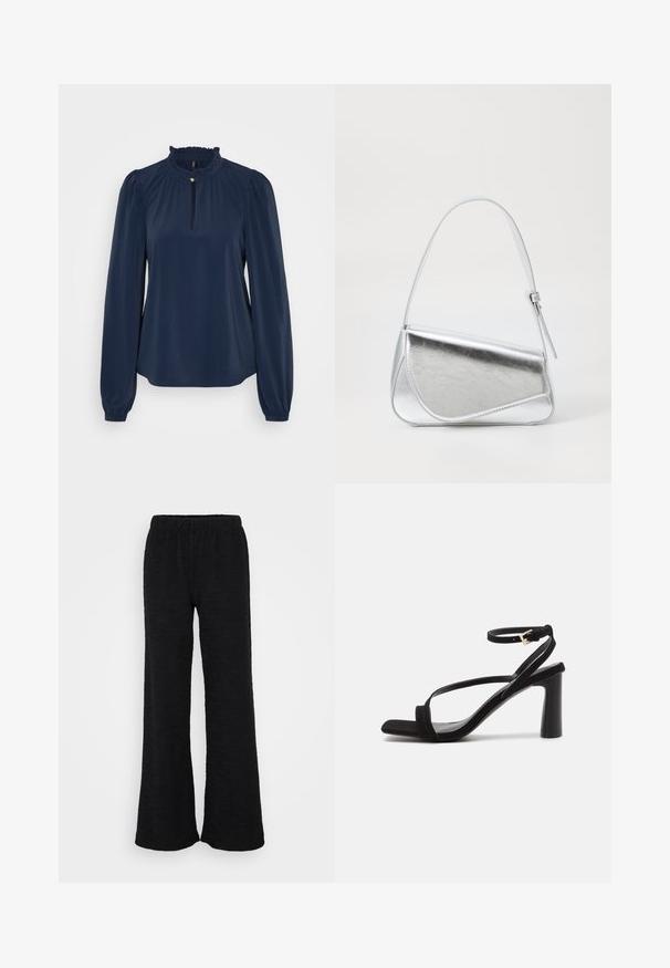 Blusa de manga larga azul marino con un cuello rizado, una pequeña abertura en forma de llave y mangas gatheradas con puños elásticos. Textura suave.; Pantalones de pierna ancha negros con un tejido texturizado, que cuentan con una cintura elástica y un corte relajado, diseñados para ofrecer comodidad y facilitar el movimiento.; Sandalia de tacón negro con acabado de ante, que presenta una punta cuadrada, tiras delgadas y un hebilla en el tobillo. El tacón es cilíndrico y sólido.; Bolso de mano metálico plateado con forma triangular, textura suave y una fina correa de hombro ajustable. Presenta un diseño plegable con costuras.