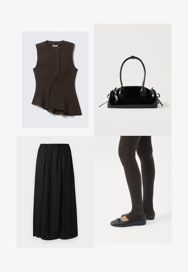 Haut sans manches en tissu marron foncé ; présente un design drapé avec un ourlet asymétrique et une texture lisse. Étiquette de marque visible à l'intérieur du col.; Jupe noire en tissu léger avec une taille froncée. Elle présente un motif de petits pois blancs sur l'ensemble du tissu.; Jambes portant des leggings côtelés foncés associés à des ballerines noires avec de petits détails en nœud sur fond blanc.; Petit sac à main noir brillant avec deux longues anses et des détails à cordon sur les côtés sur un fond clair uni.