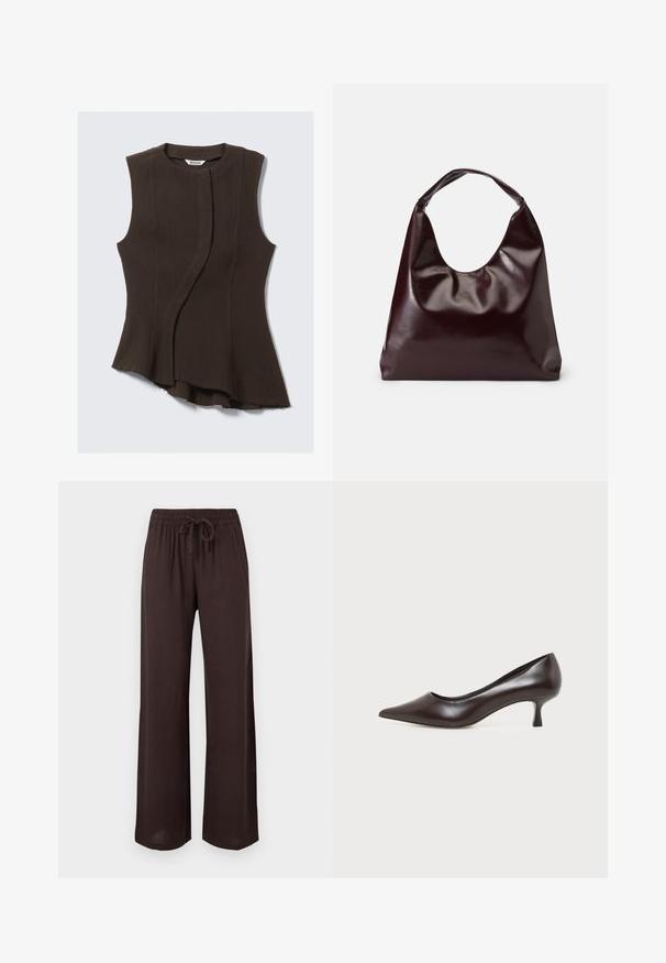 Haut sans manches en tissu marron foncé ; présente un design drapé avec un ourlet asymétrique et une texture lisse. Étiquette de marque visible à l'intérieur du col.; Pantalon large marron foncé avec taille élastique et cordon à l'avant, présenté sur un fond uni clair.; Escarpin en cuir marron foncé à bout pointu avec petit talon incurvé sur fond blanc.; Sac en cuir vegan bordeaux, brillant, avec une forme douce et sculpturale et une large poignée incurvée pour un transport facile.