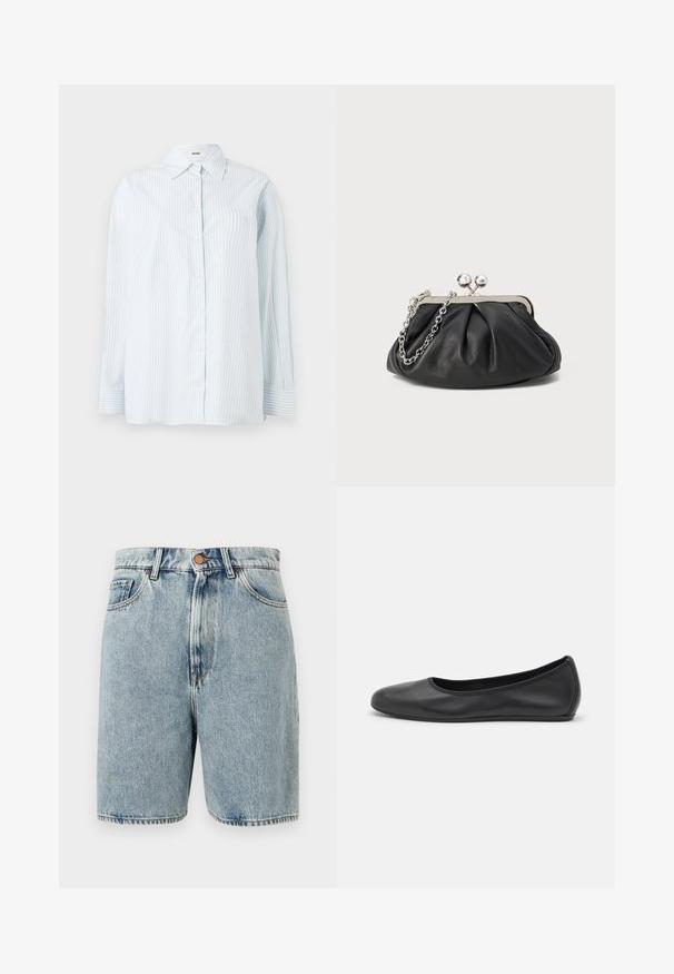 Lichtblauw gestreept overhemden met knopen, gemaakt van stof met een gladde textuur; heeft een klassieke kraag en lange mouwen met knoopmanchetten.; Lichtblauwe denim shorts met knoop aan de voorkant, rits, riemlussen en zij- en voorzakken tegen een witte achtergrond.; Zwarte leren ballerina met een ronde neus, gladde textuur, minimale stikdetails en een flexibele zoolontwerp.; Zwarte leren clutch met geplooide textuur, zilverkleurig metalen frame, drukknopsluiting en kettingriem. Glad, zacht oppervlak.