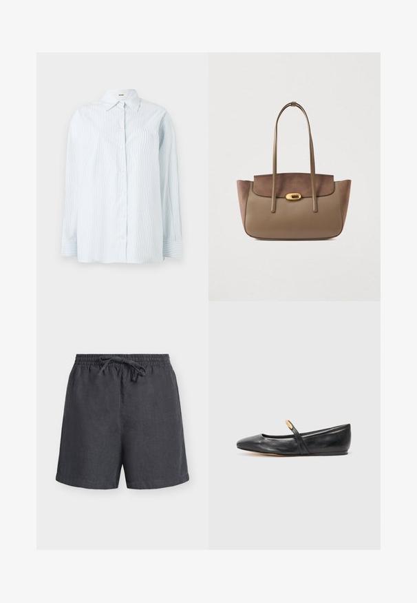 Lyseblå stribet skjorte med knapper lavet af stof med en glat tekstur; har en klassisk krave og lange ærmer med knapmanchetter.; Mørkegrå linnedshorts med elastisk linning og justerbar snøre, midt på låret længde, ensfarvet design, vist på hvid baggrund.; Sorte læder balletflade med spids tå, slank rem og en lille guldfinisher nær remmen. Glat tekstur og lav hæl.; Brun læder tote taske med en glat overflade, dobbelte skulderstropper og en guldfarvet låseaccent på forsiden. Splitteksturdesign.