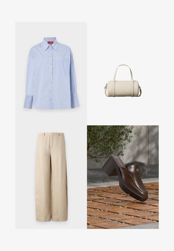 Camisa de rayas azul y blanca con cuello, mangas largas, botones en la parte frontal y un bolsillo en el pecho izquierdo con rayas a juego.; Pantalones anchos color beige, hechos de lino. Presentan un pliegue frontal, dos bolsillos laterales y una cinturilla con pasadores para cinturón. Textura suave.; Mule con tacón de cuero marrón Calvin Klein flotando sobre un suelo de baldosas de madera con un fondo borroso de planta verde y pared.; Pequeño bolso cilíndrico de cuero beige con dos asas, una correa de hombro desmontable y el logo de Calvin Klein en la parte frontal.