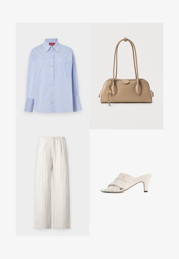 Camisa de rayas azul y blanca con cuello, mangas largas, botones en la parte frontal y un bolsillo en el pecho izquierdo con rayas a juego.; Samsøe Samsøe SATOVE TROUSERS - Pantalones - egret; Mules de tacón alto beige con diseño de tira de cuero torcida, punta abierta y detalle de logotipo en relieve. El tacón tiene un detalle en punta negra.; Bolso beige con textura de cuero suave. Forma redondeada, dos asas largas y un detalle de herrajes dorados en el cierre de cremallera.