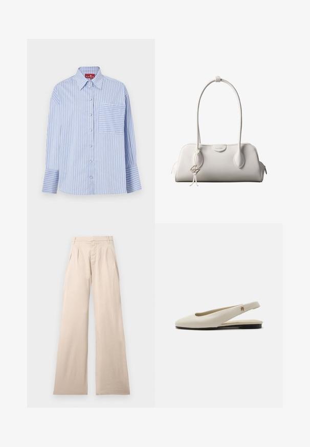 Camisa de rayas azul y blanca con cuello, mangas largas, botones en la parte frontal y un bolsillo en el pecho izquierdo con rayas a juego.; Pantalones de pierna ancha beige hechos de algodón, con plisados en la parte frontal y una textura suave. El diseño incluye una cinturilla estándar y sin patrón visible.; Zapato plano slingback de cuero color crema con puntera redondeada y pequeño emblema dorado en la correa.; Bolso de hombro blanco de Calvin Klein con asas largas, forma rectangular, cierre de cremallera y charm decorativo con el logo colgando cerca del asa.