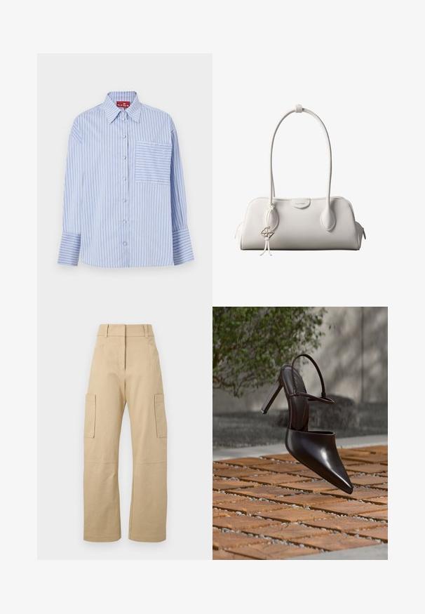 Camisa de rayas azul y blanca con cuello, mangas largas, botones en la parte frontal y un bolsillo en el pecho izquierdo con rayas a juego.; Pantalones cargo beige de algodón, con una cintura alta, perneras anchas, dos bolsillos laterales y dos grandes bolsillos cargo en los muslos.; Zueco negro brillante de tacón alto con puntera puntiaguda y correa en el tobillo, suspendido sobre una superficie de baldosas de terracota con espacios de grava.; Bolso de hombro blanco de Calvin Klein con asas largas, forma rectangular, cierre de cremallera y charm decorativo con el logo colgando cerca del asa.