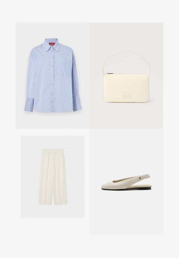 Blauw-wit gestreept shirt met een kraag, lange mouwen, knopen aan de voorkant en een linkse borstzak met overeenkomende strepen.; Losse, hoog getailleerde crème kleurige wijde broek met een elastische tailleband, plat uitgespreid tegen een lichte achtergrond.; Crèmekleurige leren slingback platte schoen met ronde neus en klein gouden embleem op het bandje.; Roomkleurige rechthoekige handtas met een enkele draagband en een ritssluiting aan de bovenkant, met een klein ingegraveerd logoplacaat op de voorkant.