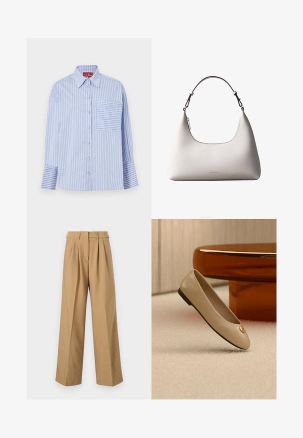 Camisa de rayas azul y blanca con cuello, mangas largas, botones en la parte frontal y un bolsillo en el pecho izquierdo con rayas a juego.; Pantalones de algodón beige con una cintura alta, frente plisado, piernas anchas y una textura suave. Presenta una cinturilla estándar y pasadores para cinturón.; Bailarina plana de cuero beige con suela negra y emblema dorado en la punta, situada sobre una alfombra crema junto a un mueble redondeado de color ámbar.; Bolso de hombro de cuero color crema de Calvin Klein con borde superior curvado, cremallera plateada y correa ajustable marrón oscuro.