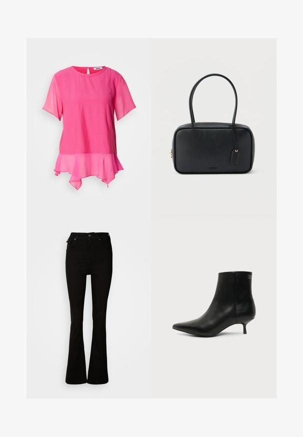 Haut rose à manches courtes en tissu léger, avec un col rond, un dos à trou de serrure et un ourlet superposé à volants.; Jean noir évasé en denim, avec une taille haute, des poches avant, et un design classique à cinq poches avec des accents en métal.; Bottine en cuir noir avec bout pointu et petit talon kitten sur fond clair, vue côté extérieur.; Sac à main rectangulaire noir avec doubles poignées arrondies, fermeture éclair dorée et logo "HUGO" embossé sur le devant avec une étiquette en cuir attachée.