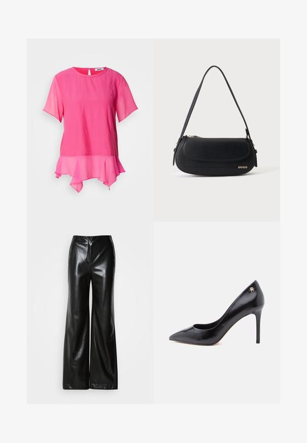 Top rosa de manga corta hecho de una tela ligera, con un escote redondo, una abertura en la espalda y un dobladillo con capas y volantes.; Pantalones de piel negros de pierna ancha con textura suave, cintura alta y cierre frontal oculto. Ajuste entallado con un acabado limpio.; Zapato de tacón alto de cuero negro con punta puntiaguda, con un diseño recortado y un pequeño detalle de logo dorado en el talón.; Bolso de hombro de cuero negro con solapa curva, logo dorado "HUGO" en el frente y una correa ajustable.