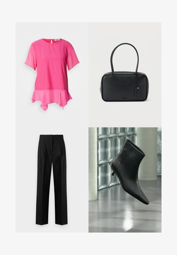 Rosa kortærmet top lavet af letvægtsstof, med rund halsudskæring, nøglehul bagpå og et lagdelt, flæset kant.; Sorte trousers lavet af vævet stof, med et skræddersyet design med plisseringer, lige ben og flad front. Holdbar og glat tekstur.; Sort læderankelstøvle med spids tå og lav kitten-hæ, vist vinklet mod en poleret gulv- og glasblokvæg.; Sort rektangulær håndtaske med dobbelte runde håndtag, gylden lynlås og præget "HUGO"-logo foran med fastgjort lædermærke.