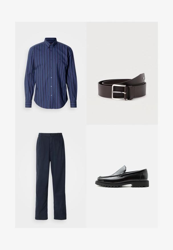 Chemise à manches longues bleu marine avec rayures verticales, col boutonné et logo subtil. Présente un ourlet arrondi et des accents de boutons.; Pantalon bleu marine en mélange de coton. Présente une coupe droite, une fermeture à bouton sur le devant et de légères plis. Texture douce.; Mocassin en cuir noir avec semelle en caoutchouc épaisse, dessus cousu et nom de marque embossé sur le talon, présenté de profil sur fond blanc.; Ceinture en cuir marron avec une finition lisse, équipée d'une boucle rectangulaire en métal argenté et d'un détail de couture contrastante.