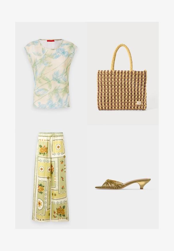 Haut à manches courtes en tissu léger avec un fond crème présentant un motif de feuilles de palmier vertes et bleues. Encolure arrondie, coupe décontractée.; Pantalon à jambes larges avec motifs patchwork floraux et géométriques jaune clair, ceinturé d'une bande élastique et d'un cordon de serrage.; Mule dorée à bout ouvert avec lanières, petit talon kitten et design noué sur fond blanc uni.; Sac tissé marron et jaune, de forme rectangulaire, avec deux poignées, et une finition texturée avec des coutures visibles et une étiquette de marque.