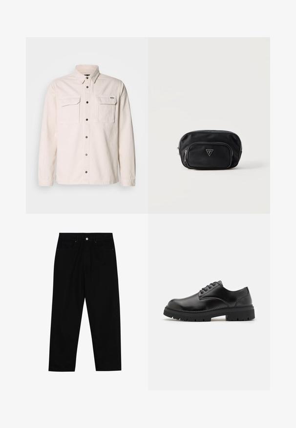 Vaaleanbeige pitkähihainen puuvillapaita, jossa on kaksi etutaskua, nappikiinnitys ja klassinen kaulus. Sileä pinta ja yksinkertainen muotoilu.; Mustat denimhousut suoralla lahkeensivulla, joissa on kaksi etutaskua, napillinen etukomeläys ja hienovaraiset saumausyksityiskohdat.; Mustat nahkakengät, joissa on pyöristetyt varpaat, nauhakiinnitys ja paksu, tekstuurilla varustettu kumipohja. Sisältää tikkausta reunoilla ja sileän pinnan.; Pieni musta Guess-laukku, jossa vetoketjutasku edessä ja hopeinen logon kuvake valkoisella taustalla.