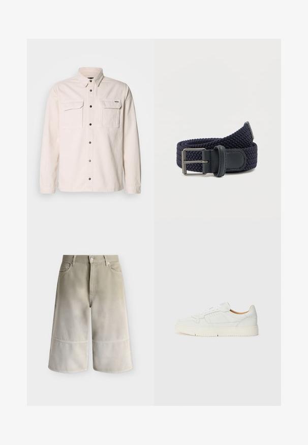 Helle beigefarbene Langarmbluse aus Baumwolle mit zwei Fronttaschen, Knopfverschluss und klassischem Kragen. Glatte Textur und schlichtes Design.; Beige knielange Shorts mit Vordertaschen, Gürtelschlaufen, Knopfverschluss und sichtbarem Nahtdetail nahe dem Saum.; Weiße Ledersneaker mit strukturiertem Oberflächenmaterial, abgerundeter Zehenpartie und perforierten Details. Ausgestattet mit weißen Schnürsenkeln und einer hellbeigen Gummisohle.; Marineblauer gewebter Gürtel mit strukturiertem Design, verziert mit einem Lederakzent und einer Metallschnalle. Robust und flexibel für angenehmen Tragekomfort.