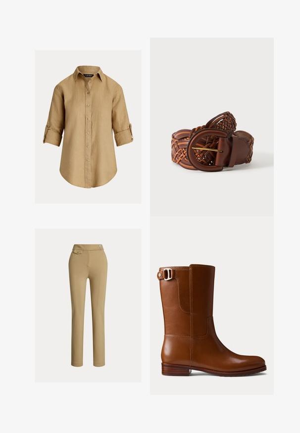 Hellbraunes Leinenhemd mit knöpfbarer Vorderseite, hochgekrempelten Ärmeln und klassischem Kragen. Verfügt über eine lockere Passform und eine glatte Textur.; Beige Maßhose mit glatter Textur, hoher Taille, zwei dekorativen Knöpfen und einer einzelnen Gesäßtasche. Gerade Beinform.; Brauner Leder-Stiefelette mit glatter Oberfläche, abgerundeter Spitze und dekorativer Schnalle an der Seite. Verfügt über einen niedrigen Holzabsatz und minimalistische Nähte.; Geflochtener brauner Ledergürtel mit abgerundeter Schnalle und goldenem Dorn, aufgerollt vor weißem Hintergrund dargestellt.