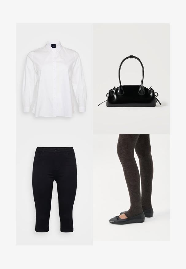 Hvid langærmet skjorte med knaplukning foran, krave, lavet af bomuld. Har en blød tekstur og afslappet pasform, med afrundet kant og knapmanchetter.; Sorte cropped jeans med slim fit, lavet af strækbart stof. Har klassisk fem-lommer design og en frontlukning med knap.; Ben iført mørke ribbede leggings kombineret med sorte balletsko med små sløjfedetaljer på hvid baggrund.; Lille sort blank håndtaske med to lange håndtag og snøre-detaljer i siden på en ensfarvet lys baggrund.