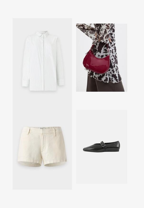Weißes Langarmhemd mit hellblauen vertikalen Streifen. Verfügt über einen spitzen Kragen, eine Brusttasche und eine Knopfleiste. Glatte Textur.; Helle beige Shorts aus Leinen. Mit flachem Bündchen, Fronttaschen und einem sauberen Saum. Einfaches, minimalistisches Design.; Schwarze Lederflachschuhe mit spitzem Zehenbereich, ausgestattet mit einem metallischen Riemen über dem Spann und einer niedrigen, flexiblen Sohle.; Frau trägt eine schwarz-weiß gemusterte Bluse und hält eine glänzende rote Schultertasche vor einem einfarbigen Hintergrund.