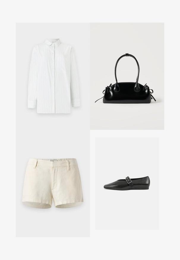 Weißes Langarmhemd mit hellblauen vertikalen Streifen. Verfügt über einen spitzen Kragen, eine Brusttasche und eine Knopfleiste. Glatte Textur.; Helle beige Shorts aus Leinen. Mit flachem Bündchen, Fronttaschen und einem sauberen Saum. Einfaches, minimalistisches Design.; Schwarze Lederflachschuhe mit spitzem Zehenbereich, ausgestattet mit einem metallischen Riemen über dem Spann und einer niedrigen, flexiblen Sohle.; Kleine schwarze glänzende Handtasche mit zwei langen Griffen und seitlichen Kordelzug-Details vor einfachem hellem Hintergrund.