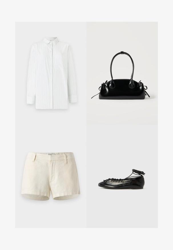 Weißes Langarmhemd mit hellblauen vertikalen Streifen. Verfügt über einen spitzen Kragen, eine Brusttasche und eine Knopfleiste. Glatte Textur.; Helle beige Shorts aus Leinen. Mit flachem Bündchen, Fronttaschen und einem sauberen Saum. Einfaches, minimalistisches Design.; Schwarze Ballerinas aus Lackleder mit runder Spitze, Schnürdesign und flacher Sohle. Glatte Textur mit minimaler Verzierung.; Kleine schwarze glänzende Handtasche mit zwei langen Griffen und seitlichen Kordelzug-Details vor einfachem hellem Hintergrund.