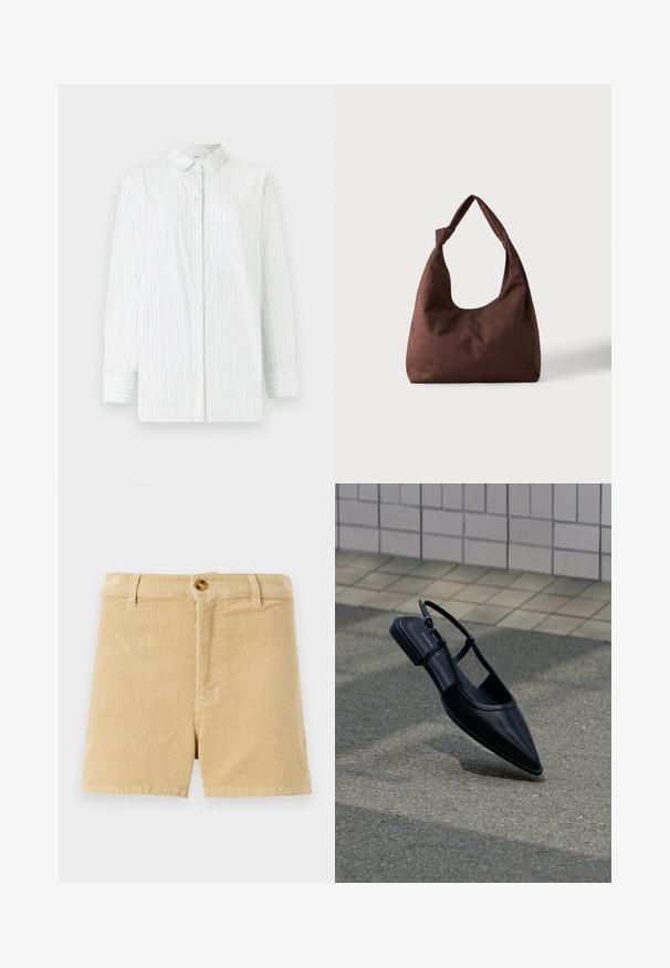 Weißes Langarmhemd mit hellblauen vertikalen Streifen. Verfügt über einen spitzen Kragen, eine Brusttasche und eine Knopfleiste. Glatte Textur.; Khaki Corduroy-Shorts mit einem strukturierten Rippmuster, mit einem Knopfverschluss vorne und zwei seitlichen Taschen. Klassisches Design mit geradem Schnitt.; Schwarzer, spitz zulaufender Slingback-Flachschuh, der über einer Asphaltfläche neben einem gefliesten Bürgersteig schwebt.; Braune strukturierte Stoffhandtasche mit einem einzelnen Griff, der zu einem Knoten gebunden ist, vor einem einfachen hellen Hintergrund dargestellt.