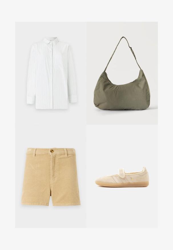 Weißes Langarmhemd mit hellblauen vertikalen Streifen. Verfügt über einen spitzen Kragen, eine Brusttasche und eine Knopfleiste. Glatte Textur.; Khaki Corduroy-Shorts mit einem strukturierten Rippmuster, mit einem Knopfverschluss vorne und zwei seitlichen Taschen. Klassisches Design mit geradem Schnitt.; Beiger Wildleder-Mary-Jane-Sneaker mit Klettverschluss, Gummisohle, drei aufgenähten Streifen und goldenem "SAMBA"-Logo an der Seite.; Olivgrüne weiche Stoff-Schultertasche mit Reißverschluss und verstellbarem Tragegurt vor einfarbig hellem Hintergrund.