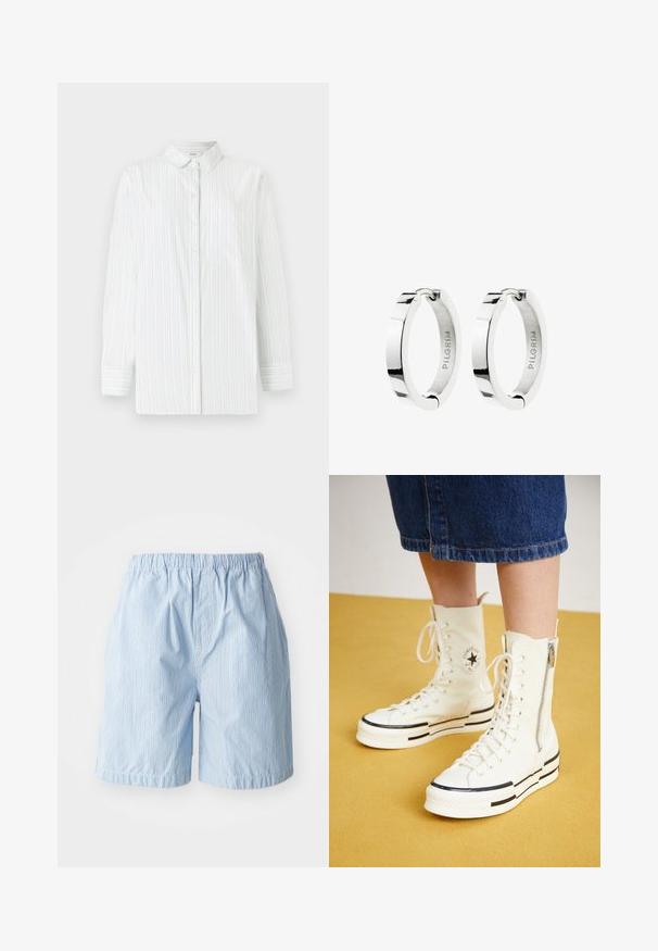 Weißes Langarmhemd mit hellblauen vertikalen Streifen. Verfügt über einen spitzen Kragen, eine Brusttasche und eine Knopfleiste. Glatte Textur.; Helle blaue Shorts aus Stoff mit vertikalen Nadelstreifen. Elastischer Bund und umgeschlagene Säume, die einen einfachen, lässigen Stil zeigen.; Weiße High-Top-Sneaker mit Reißverschluss, Schnürdesign und schwarzen Streifenakzenten auf einer dicken Sohle. Texturiertes Canvas-Material.; Ein Paar polierte silberne Creolen mit Scharnierverschluss, innen mit dem Markennamen „PILGRIM“ graviert.