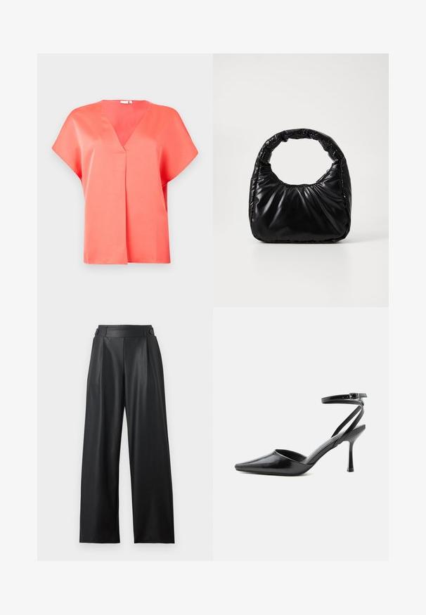 Blusa de satén coral con escote en V, mangas cortas y un corte relajado. Cuenta con un detalle de costura central, textura suave y un diseño minimalista.; Pantalones anchos de cuero sintético negro con cintura alta, detalles de botones en la cintura y pliegues delanteros.; Zapato de tacón alto negro de punta fina con delgadas correas en el tobillo y cierre de hebilla plateada sobre un fondo liso claro.; Bolso negro acolchado con un asa redondeada, que presenta una superficie lisa y brillante y una textura suave y acolchada. Sin herrajes ni acentos visibles.