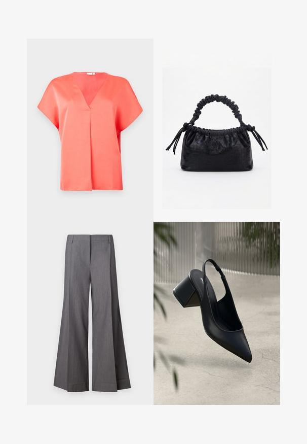 Blusa de satén coral con escote en V, mangas cortas y un corte relajado. Cuenta con un detalle de costura central, textura suave y un diseño minimalista.; Pantalones de pierna ancha grises, confeccionados con un tejido texturizado, que presentan una cintura alta y pliegues en la parte delantera. Los acabados del dobladillo son limpios, sin acentos adicionales.; Zapato de tacón slingback de cuero negro con punta afilada y tacón cuadrado. Textura suave, diseño minimalista y correa ajustable en el tobillo.; Bolso negro con textura de cocodrilo, borde superior fruncido, asa recogida y cordones con borlas en cada lado sobre un fondo blanco.