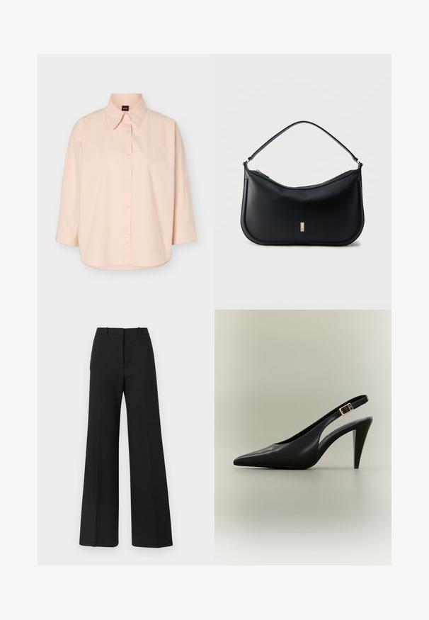 Chemise boutonnée rose clair à manches longues, col pointu, avec une étiquette noire portant l'inscription "BOSS" en orange à l'intérieur du col.; Pantalons black à jambes larges avec un design sur mesure, présentant une texture lisse et de subtils plis à l'avant. Pas de garnitures ou de motifs visibles.; Escarpin à bride arrière en cuir noir avec bout pointu, boucle dorée et talon effilé sur un fond neutre.; Sac à bandoulière en cuir noir avec une seule sangle, design minimaliste, fond arrondi, et une petite plaque logo rectangulaire dorée sur le devant.