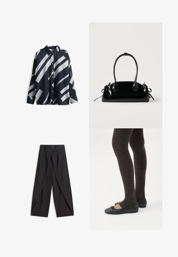 Overhemd met knopen, gemaakt van lichtgewicht stof, met een marineblauwe achtergrond en gedurfde witte diagonale strepen en een klassieke kraag.; Zwarte wijde broek met plooien aan de voorkant, twee knopen aan de tailleband en schuine zijzakken, plat weergegeven op een witte achtergrond.; Benen met donkere geribbelde leggings gecombineerd met zwarte ballerina's met kleine strikdetails op een witte achtergrond.; Kleine zwarte glanzende handtas met twee lange hengsels en zijkant trekkoord details op een effen lichte achtergrond.