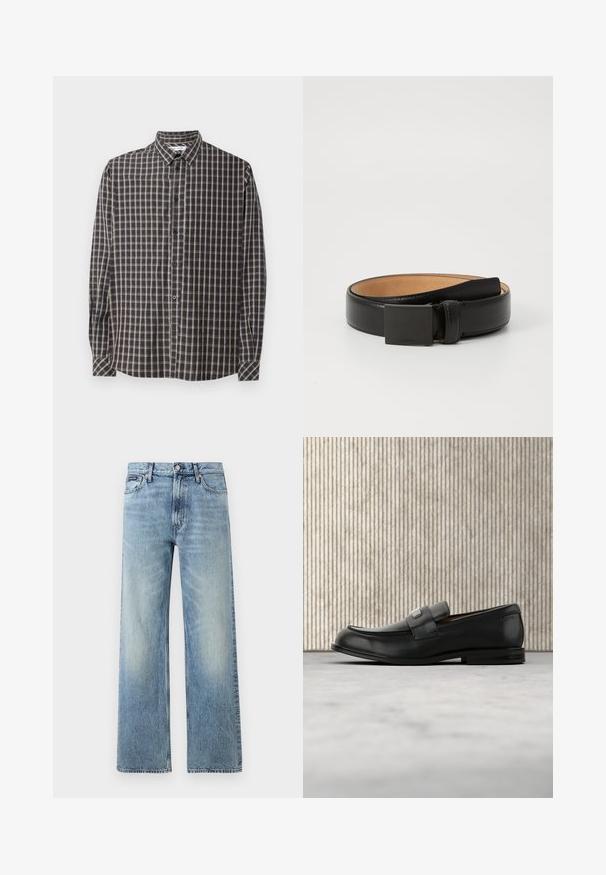 Chemise boutonnée à manches longues avec un motif à carreaux bleu foncé et beige. Dotée d'un col classique et de boutons à l'avant avec un ourlet droit.; Jean droit en denim bleu clair avec taille haute, cinq poches, fermeture à boutons et léger délavage sur les cuisses et les genoux.; Mocassin en cuir noir avec une plaque de marque en métal reposant près d'une table ronde marron sur un sol recouvert de moquette beige.; Ceinture en cuir noir avec une finition lisse, dotée d'une boucle rectangulaire en métal noir et d'une doublure intérieure beige. Design simple et classique.