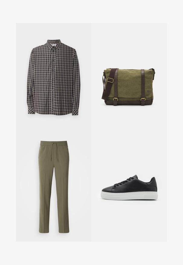 Langärmliges Button-Down-Hemd im dunkelblauen und beigen Karomuster. Verfügt über einen klassischen Kragen und vordere Knöpfe mit geradem Saum.; Olivengrüne, leichte Hose mit elastischem Bund und verstellbarem Kordelzug; gerades Bein Design und glatte Textur.; Schwarze Leder-Sneaker mit runder Zehe, weißer Gummisohle und schwarzen Schnürsenkeln. Verfügt über eine glatte Oberfläche und ein minimalistisches Design.; Grüne Stoff-Umhängetasche mit braunen Lederakzenten, einer Vorderklappe, verstellbarem Schultergurt und Reißverschlussverschluss an der Oberseite. Ausgestattet mit goldenen Beschlägen.